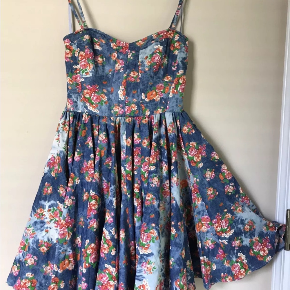 Ark Co Dress Denim Floral S Dress Blue Multi Strap